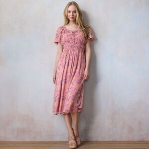 NWT LC Lauren Conrad Shirred Bodice Tea Length Dress Sz Large